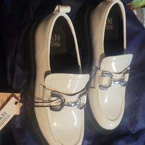 White and Silver Flats with Metallic Hardware